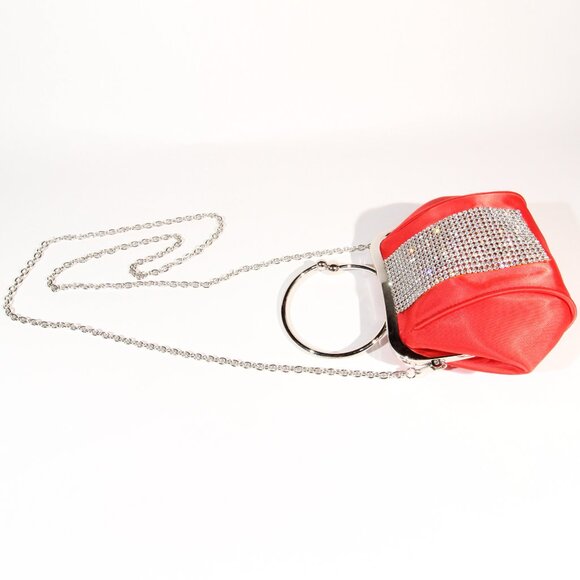 Red Evening Clutch with a Rhinestone Stripe and a Silver-Tone Metal Handle - Picture 6 of 9